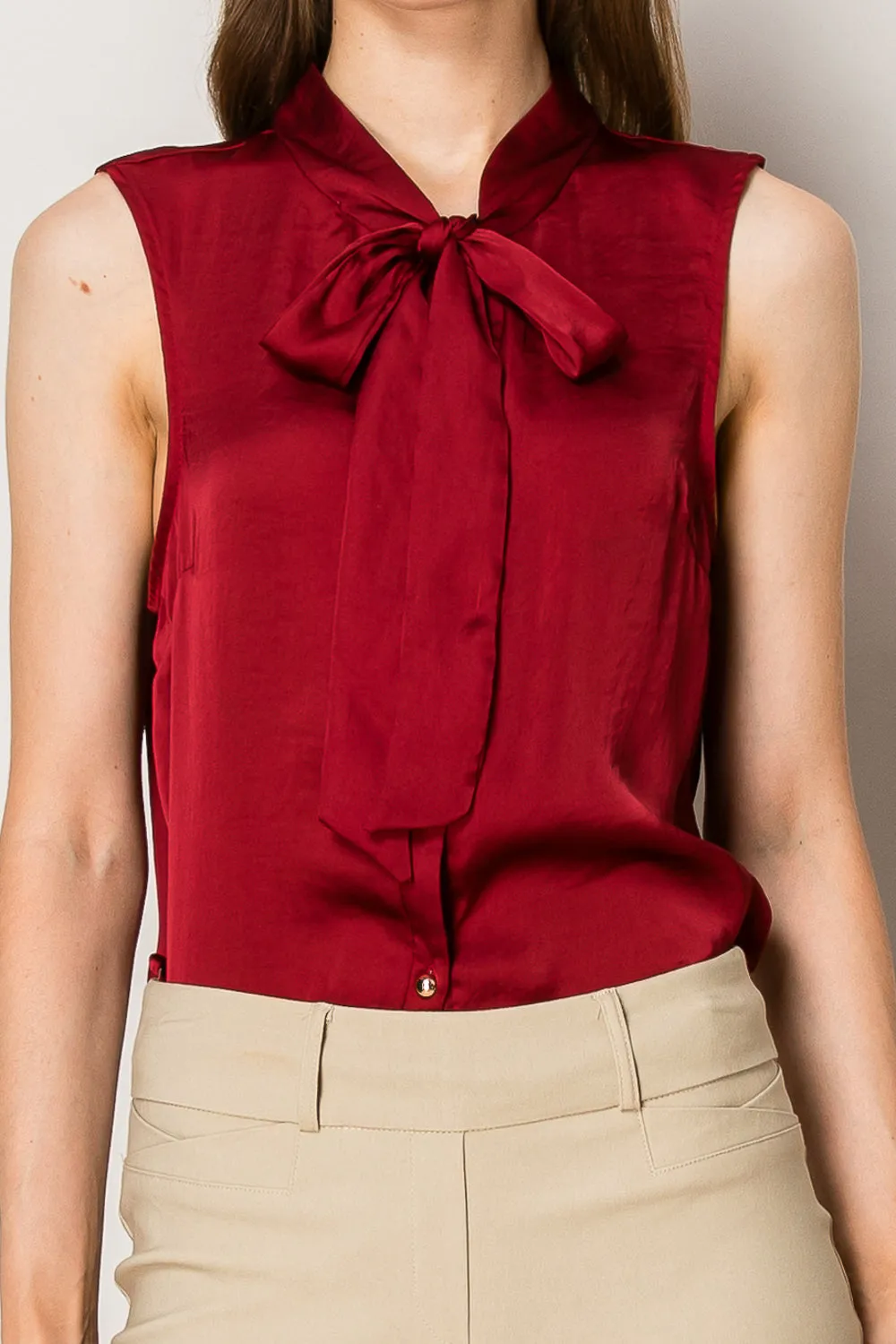 TIE NECK BUTTON DOWN SLEEVELESS SATIN BLOUSE