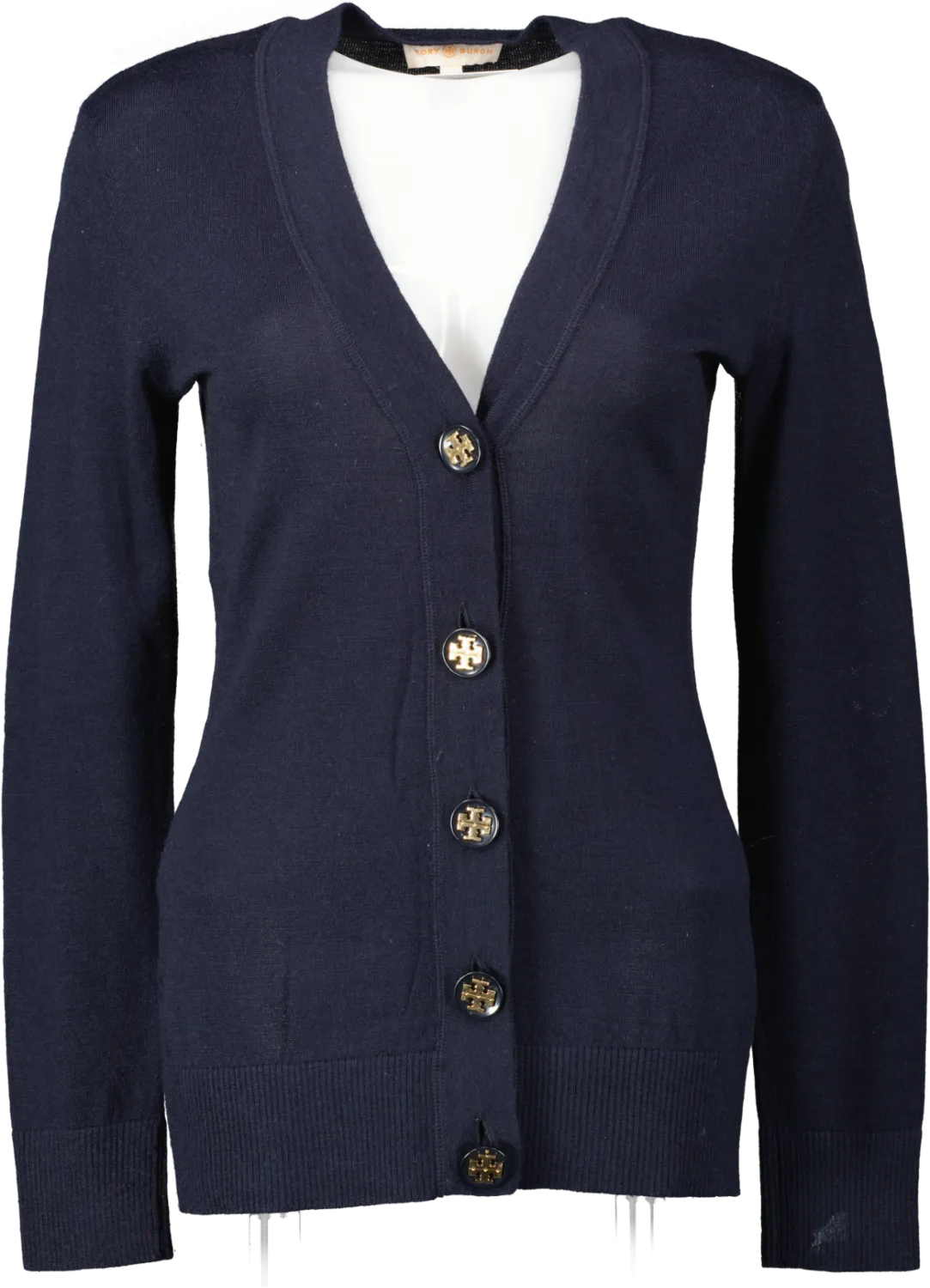 Tory Burch Navy Blue Merino Wool V-neck Cardigan With Logo Buttons UK S