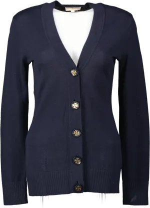 Tory Burch Navy Blue Merino Wool V-neck Cardigan With Logo Buttons UK S