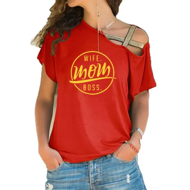 Trending style T-shirt WIFE MOM BOSS  Cross-shoulder  T-shirt