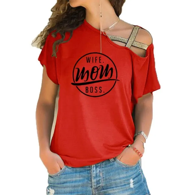 Trending style T-shirt WIFE MOM BOSS  Cross-shoulder  T-shirt