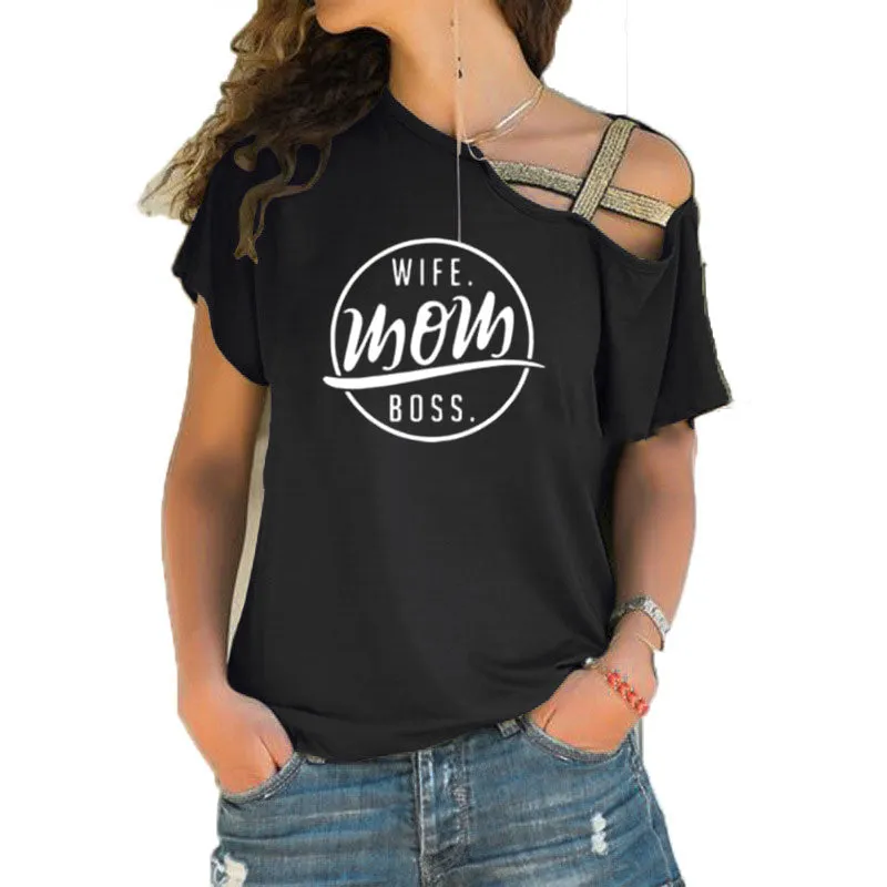 Trending style T-shirt WIFE MOM BOSS  Cross-shoulder  T-shirt
