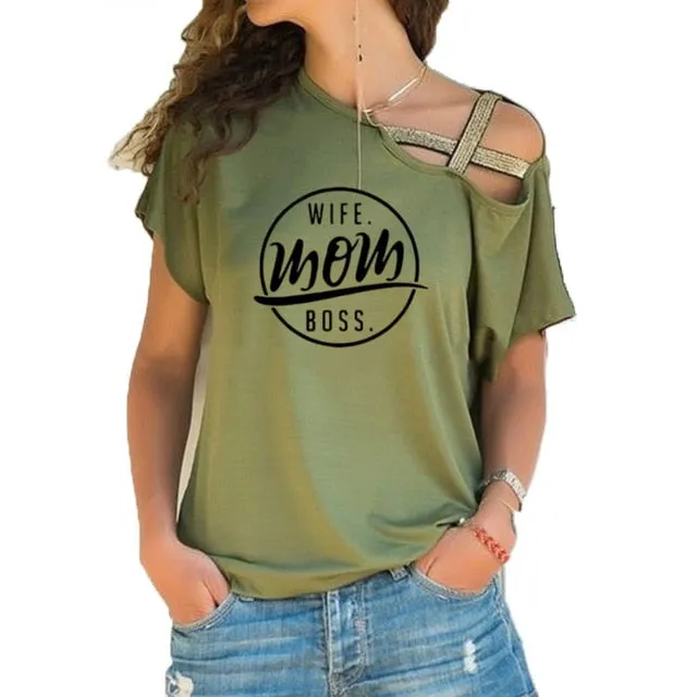 Trending style T-shirt WIFE MOM BOSS  Cross-shoulder  T-shirt
