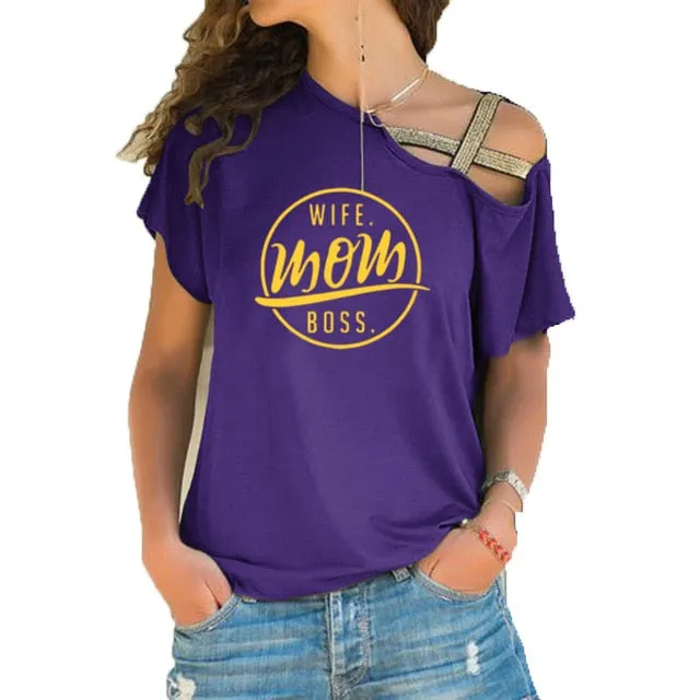 Trending style T-shirt WIFE MOM BOSS  Cross-shoulder  T-shirt