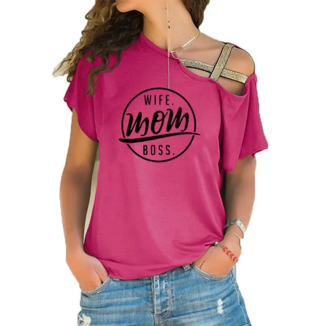 Trending style T-shirt WIFE MOM BOSS  Cross-shoulder  T-shirt