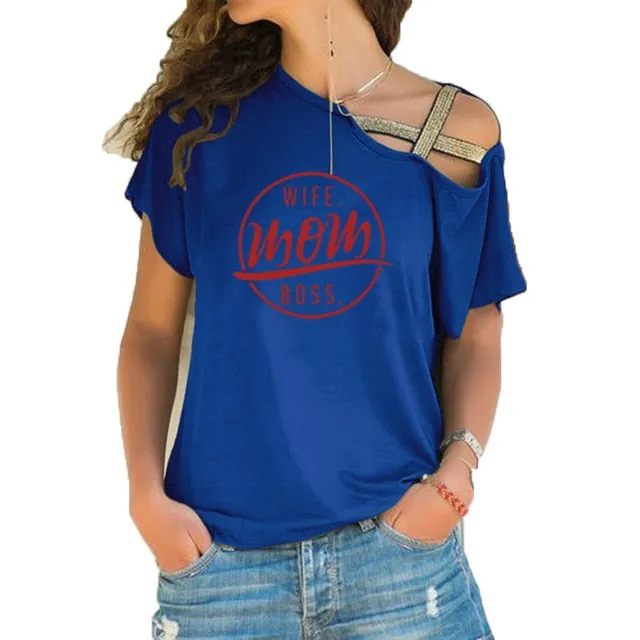 Trending style T-shirt WIFE MOM BOSS  Cross-shoulder  T-shirt