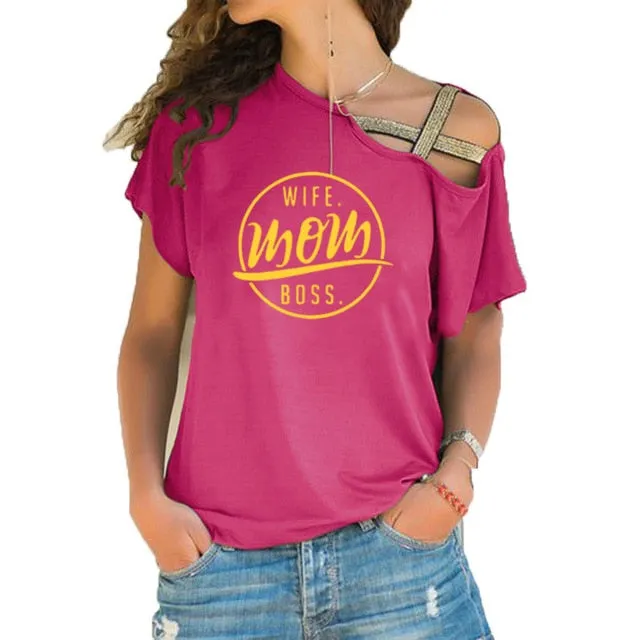 Trending style T-shirt WIFE MOM BOSS  Cross-shoulder  T-shirt