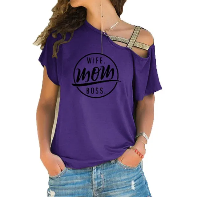 Trending style T-shirt WIFE MOM BOSS  Cross-shoulder  T-shirt