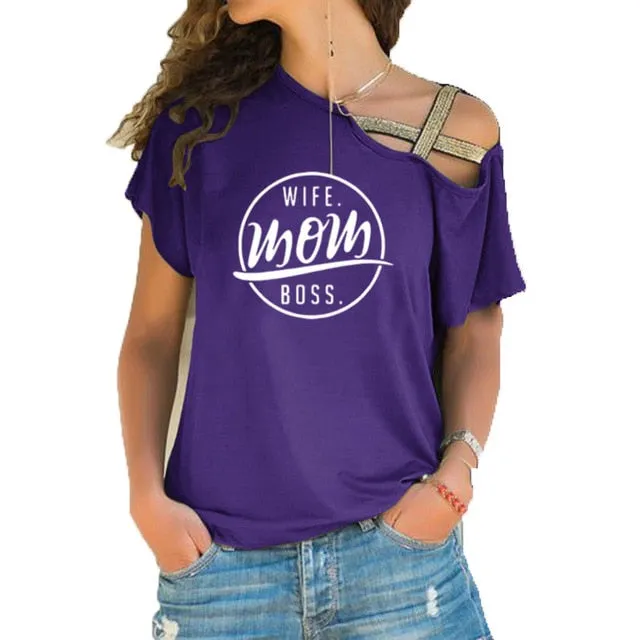 Trending style T-shirt WIFE MOM BOSS  Cross-shoulder  T-shirt
