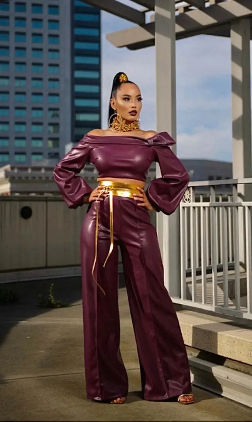Trendy Women's PU Leather 2-Piece Off Shoulder Pants Outfit