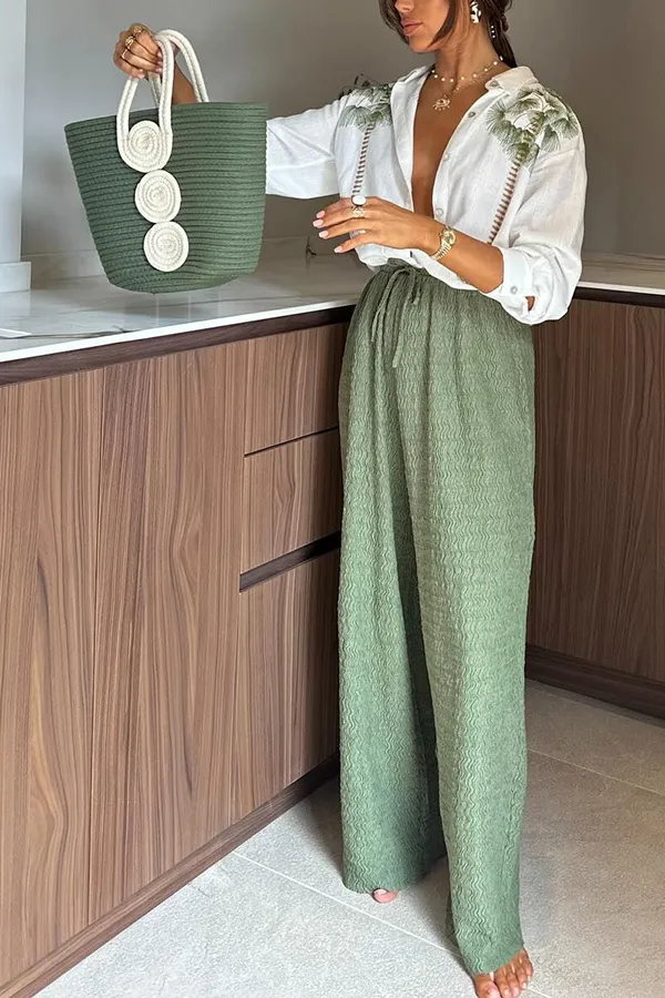 Tropical Calling Linen Blend Unique Print Loose Blouse and Elastic Waist Pants Set