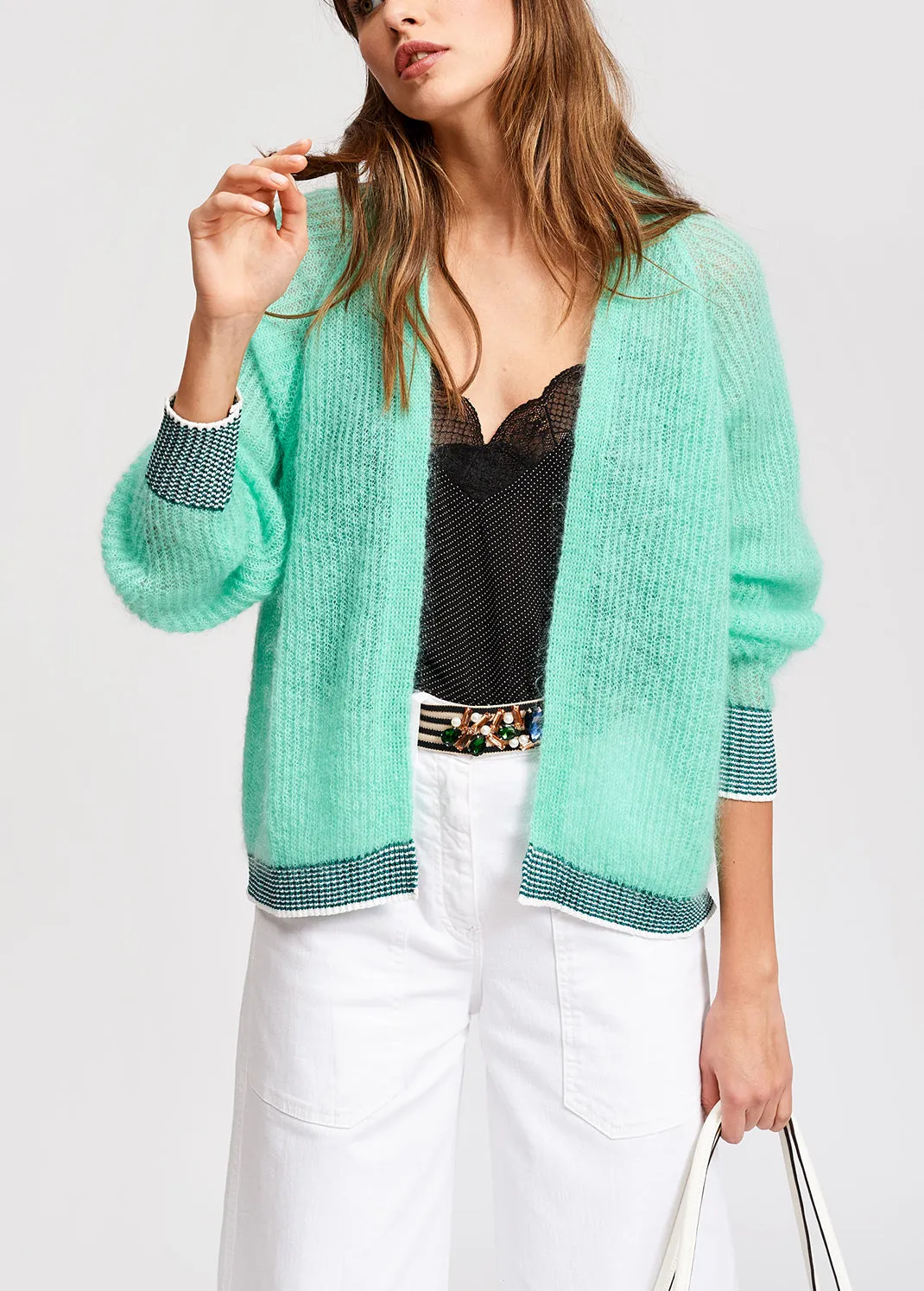 Turquoise ribbed open cardigan with accentuated trims
