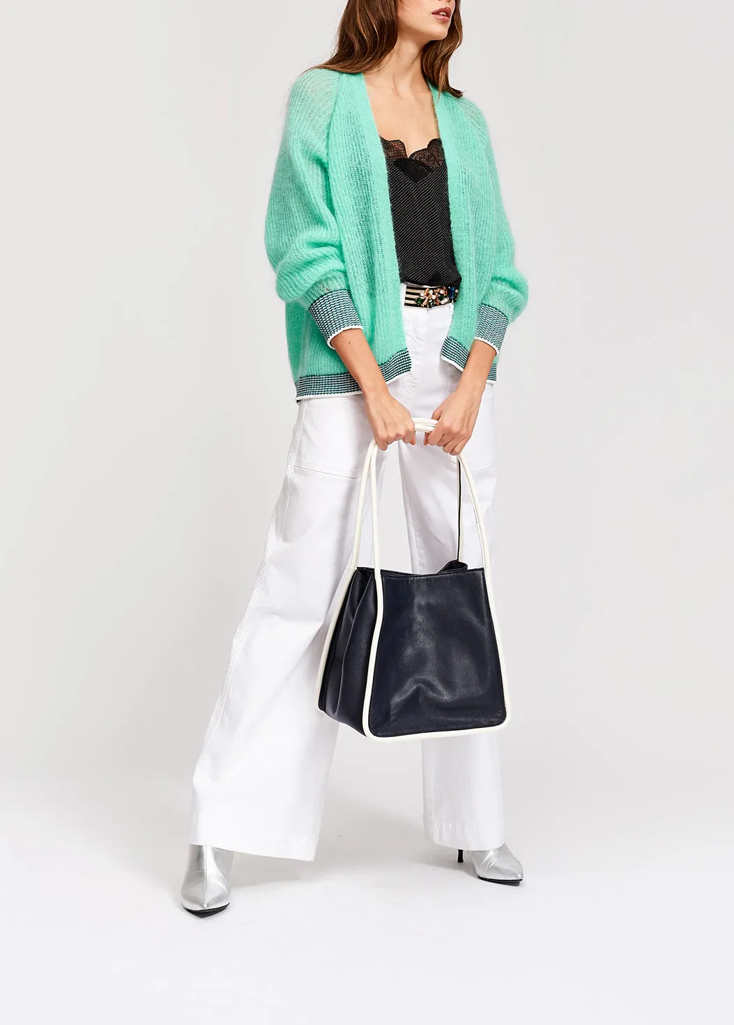 Turquoise ribbed open cardigan with accentuated trims