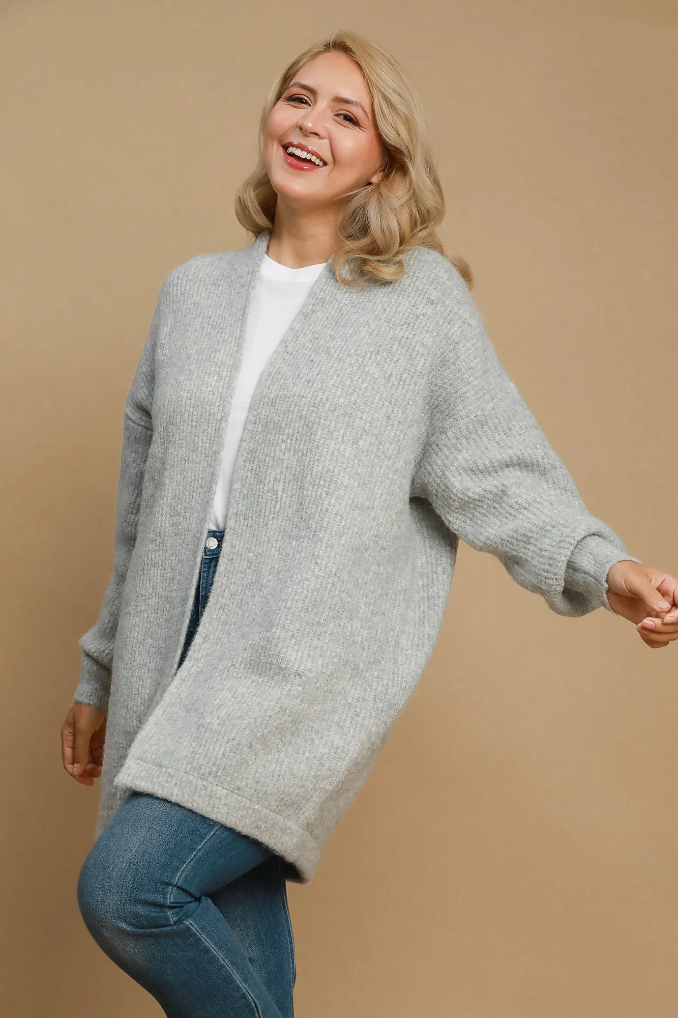 Umgee Wool Blend Open Front Lantern Sleeve Cardigan