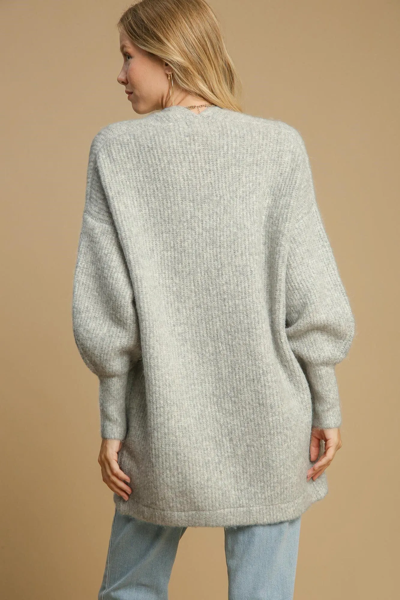 Umgee Wool Blend Open Front Lantern Sleeve Cardigan