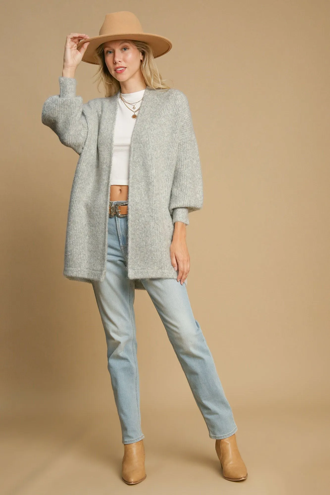 Umgee Wool Blend Open Front Lantern Sleeve Cardigan
