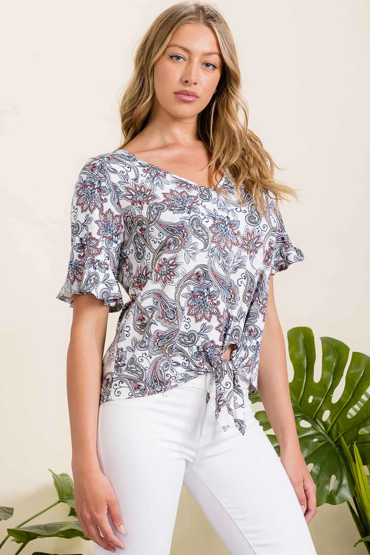 V NECK RUFFLE DETAIL TIE FRONT