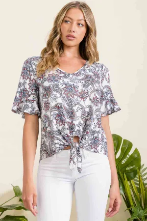 V NECK RUFFLE DETAIL TIE FRONT