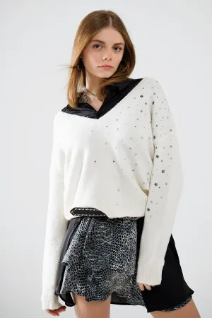 V-neck sweater embellished with metallic stars
