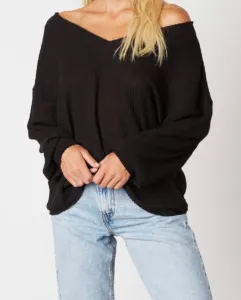 V Neck Thermal Bishop Sleeve Drop Shoulder Shirt