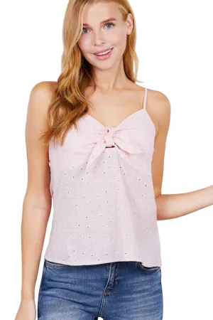 V-neck w/front bow tie eyelet woven cami top