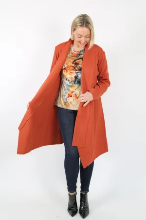 VALERIA Rust Long Line  Open Knit Cardigan