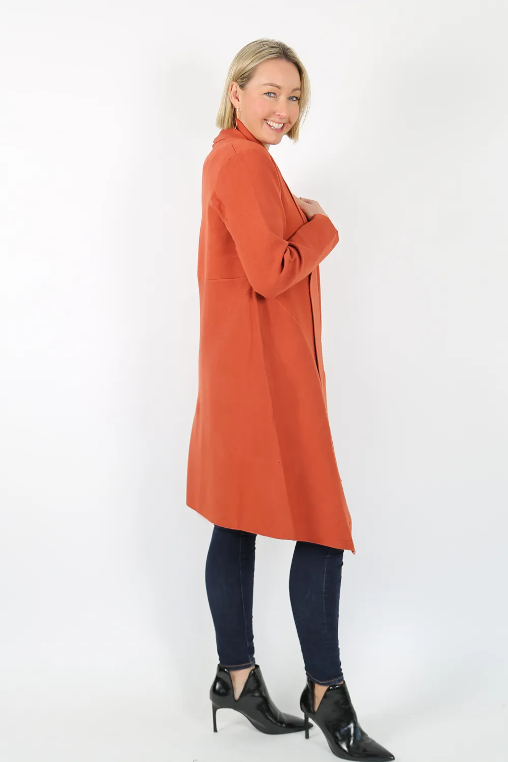 VALERIA Rust Long Line  Open Knit Cardigan