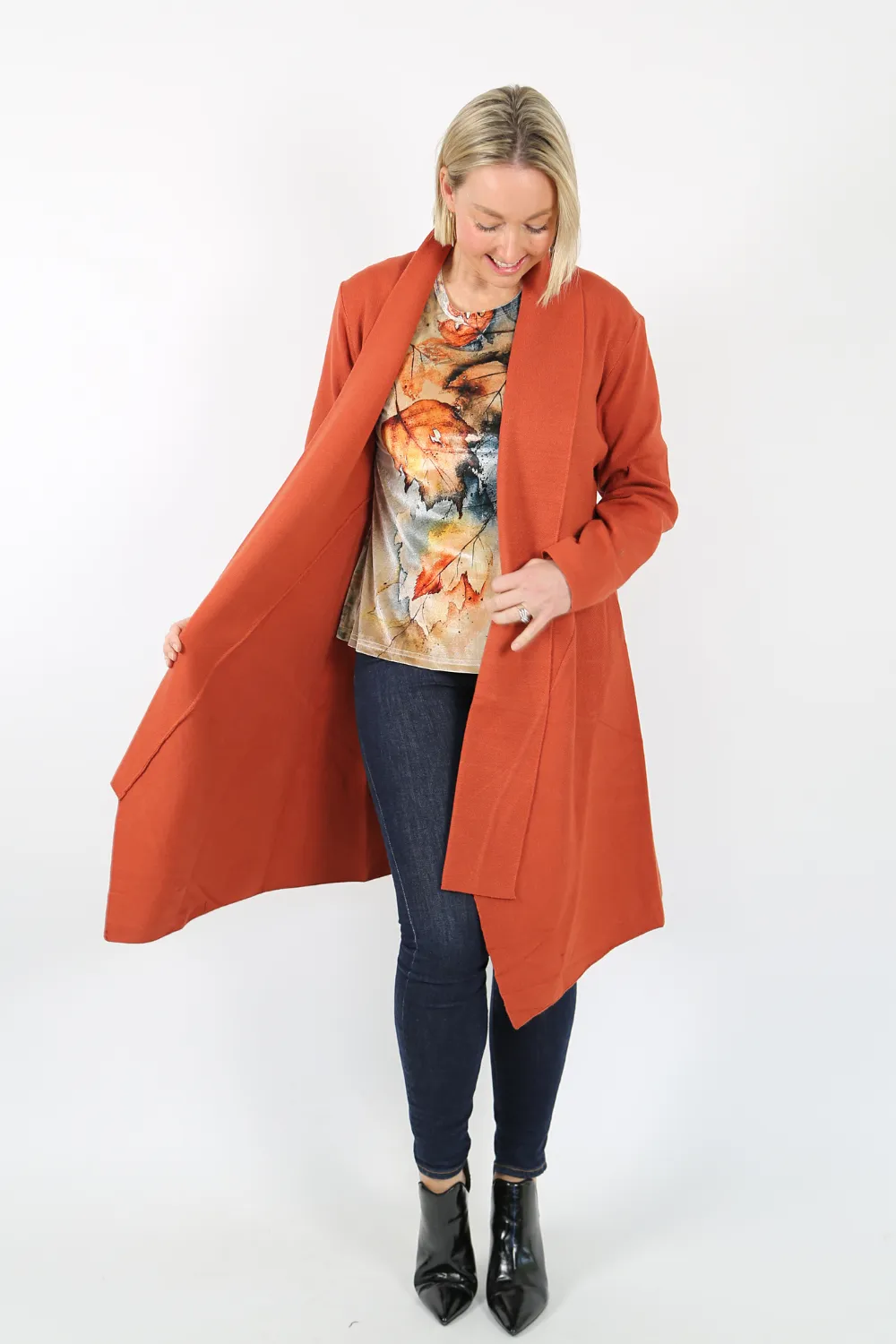 VALERIA Rust Long Line  Open Knit Cardigan