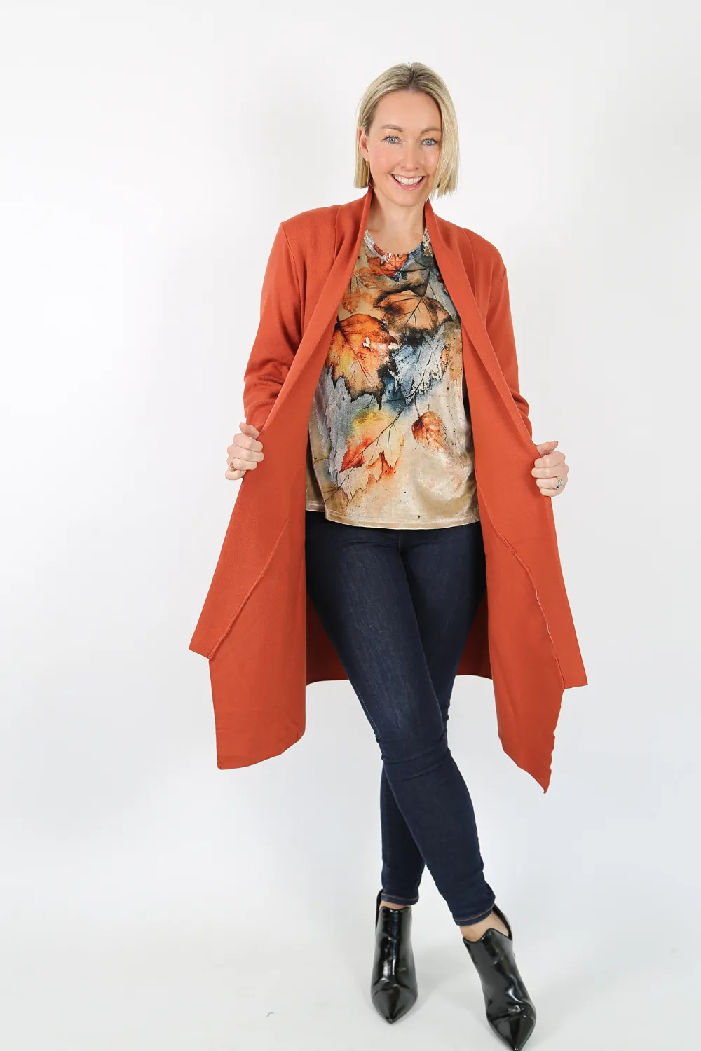 VALERIA Rust Long Line  Open Knit Cardigan