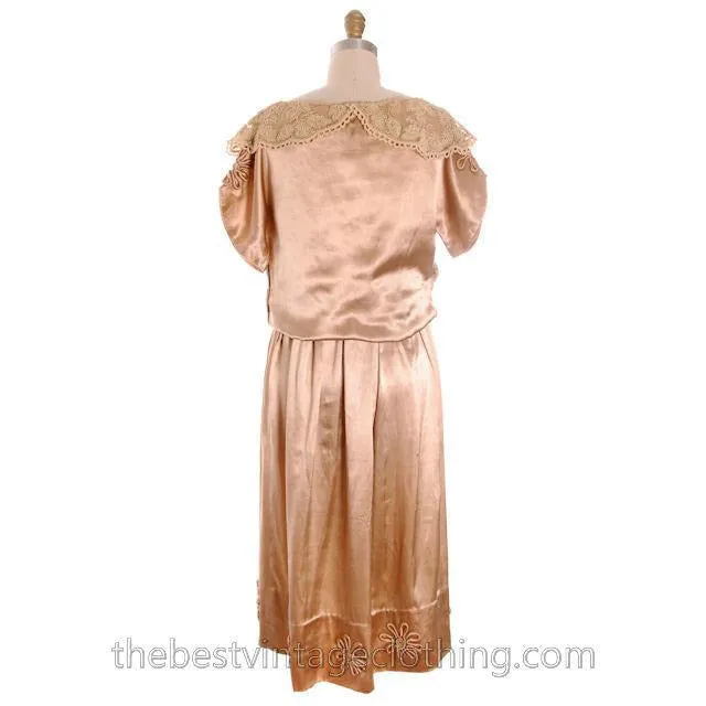 Vintage 1920s Dress Gold Silk Satin Fantastic Lace Collar Soutache Medium Downton Abbey S- M