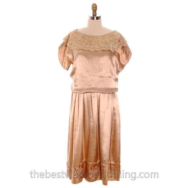 Vintage 1920s Dress Gold Silk Satin Fantastic Lace Collar Soutache Medium Downton Abbey S- M