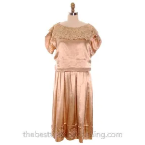 Vintage 1920s Dress Gold Silk Satin Fantastic Lace Collar Soutache Medium Downton Abbey S- M