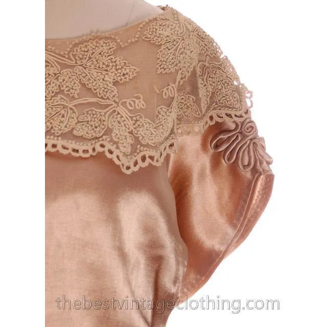 Vintage 1920s Dress Gold Silk Satin Fantastic Lace Collar Soutache Medium Downton Abbey S- M