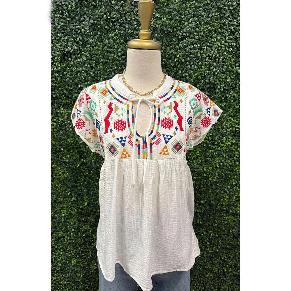 Virgil Aztec Embroidery Front Tie Top
