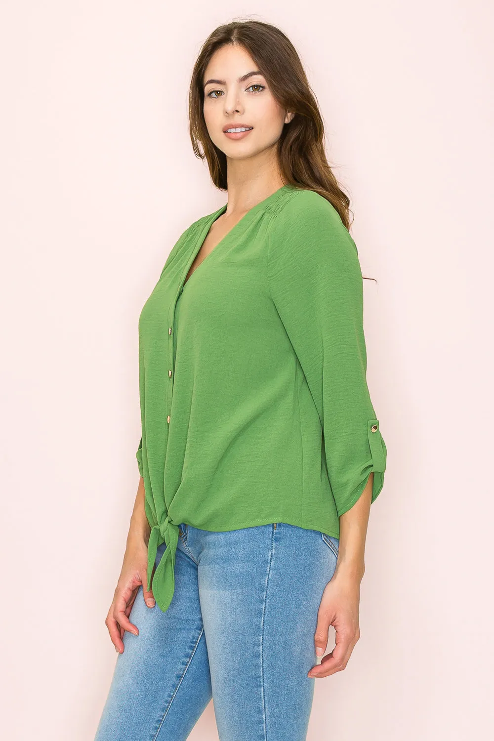 VNECK AIR FLOW SMOCKING SHOULDER TIE FRONT SHIRT