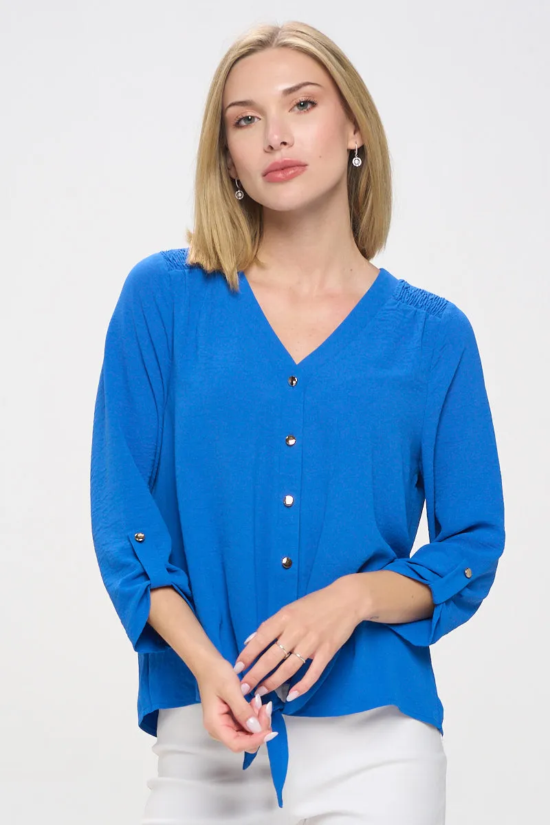 VNECK AIR FLOW SMOCKING SHOULDER TIE FRONT SHIRT