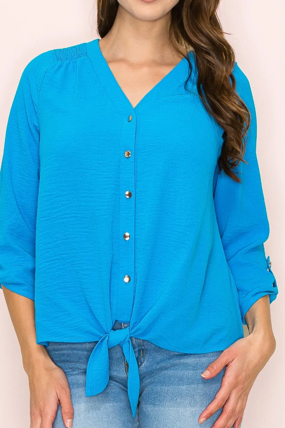 VNECK AIR FLOW SMOCKING SHOULDER TIE FRONT SHIRT