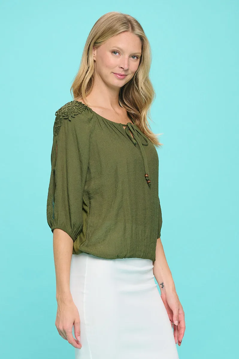 VNECK AIR FLOW SMOCKING SHOULDER TIE FRONT SHIRT