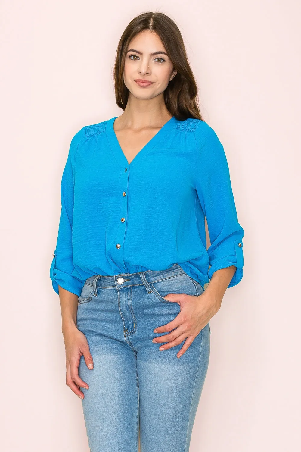 VNECK AIR FLOW SMOCKING SHOULDER TIE FRONT SHIRT