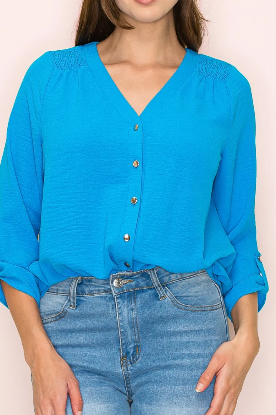 VNECK AIR FLOW SMOCKING SHOULDER TIE FRONT SHIRT