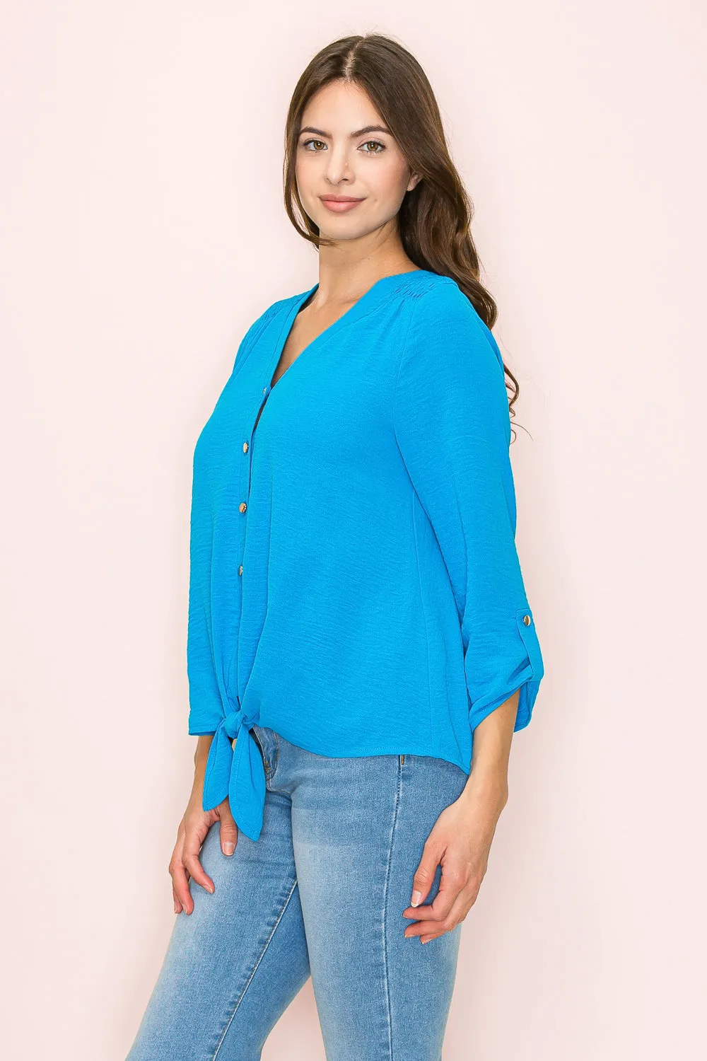VNECK AIR FLOW SMOCKING SHOULDER TIE FRONT SHIRT
