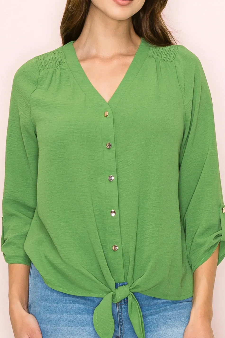VNECK AIR FLOW SMOCKING SHOULDER TIE FRONT SHIRT