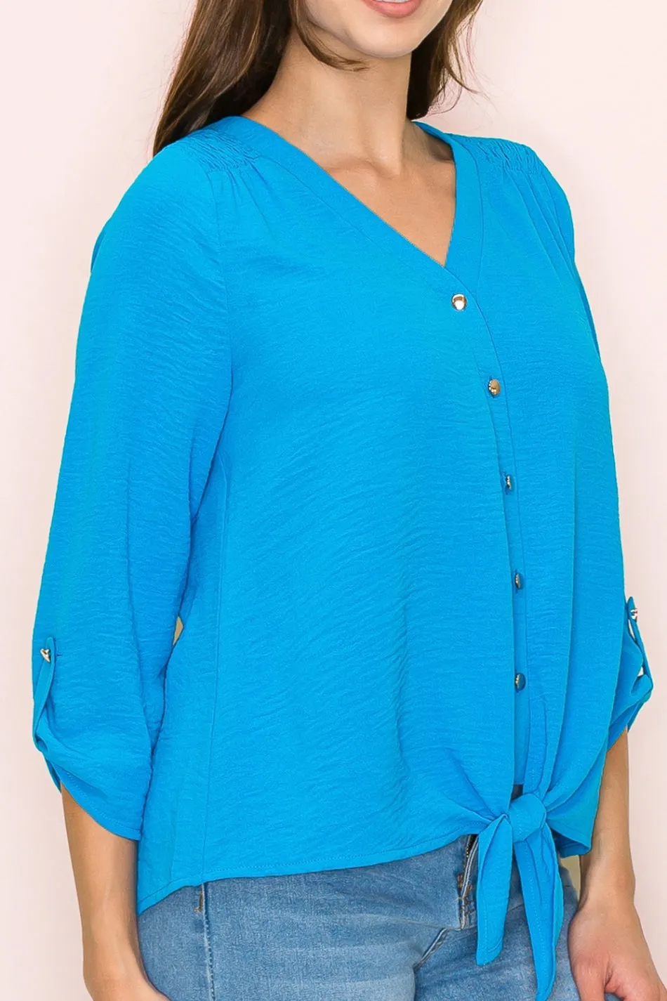VNECK AIR FLOW SMOCKING SHOULDER TIE FRONT SHIRT