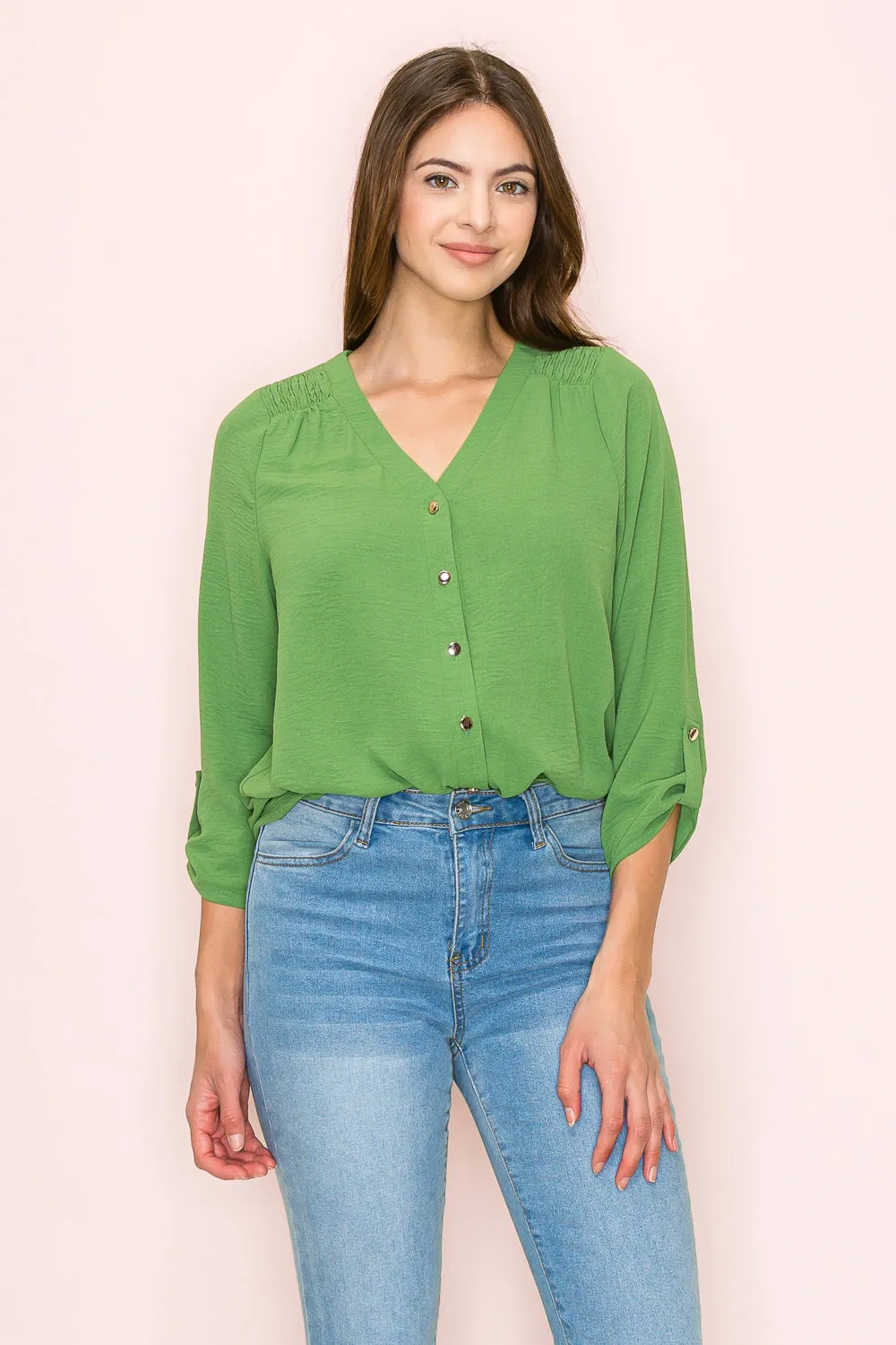 VNECK AIR FLOW SMOCKING SHOULDER TIE FRONT SHIRT