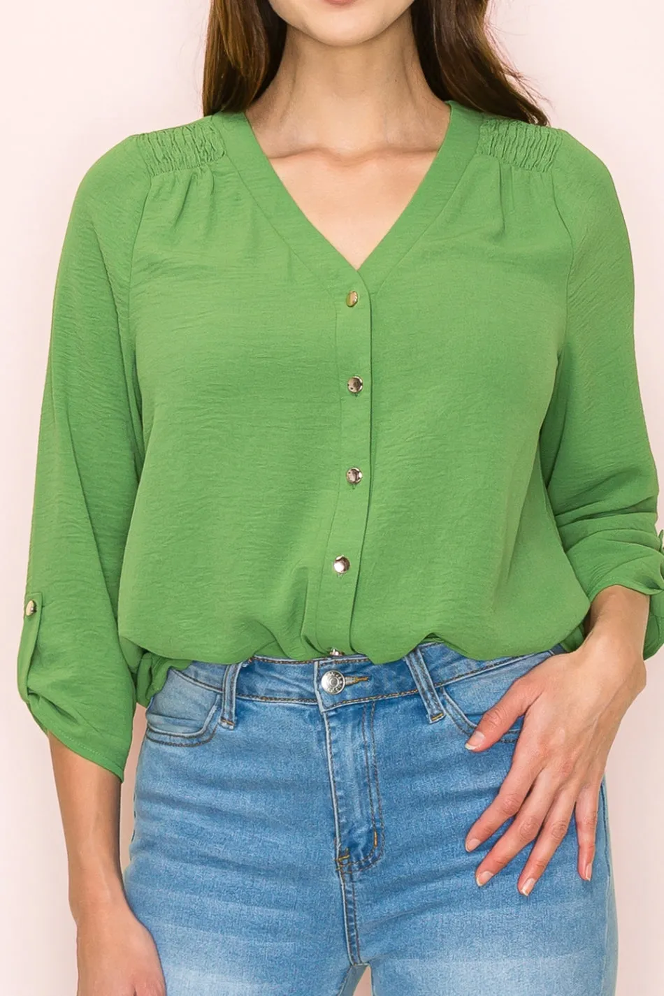 VNECK AIR FLOW SMOCKING SHOULDER TIE FRONT SHIRT