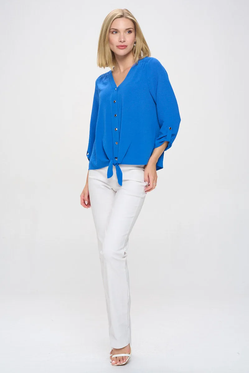 VNECK AIR FLOW SMOCKING SHOULDER TIE FRONT SHIRT