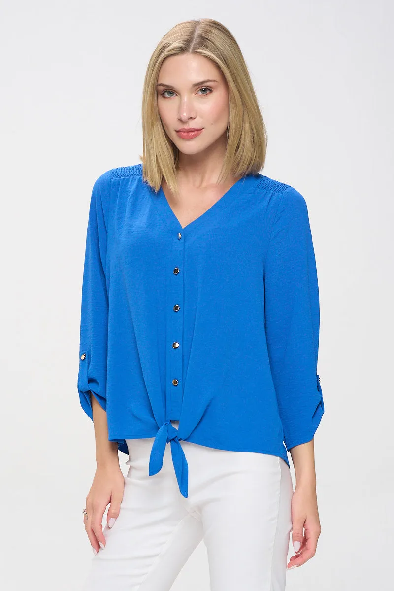 VNECK AIR FLOW SMOCKING SHOULDER TIE FRONT SHIRT