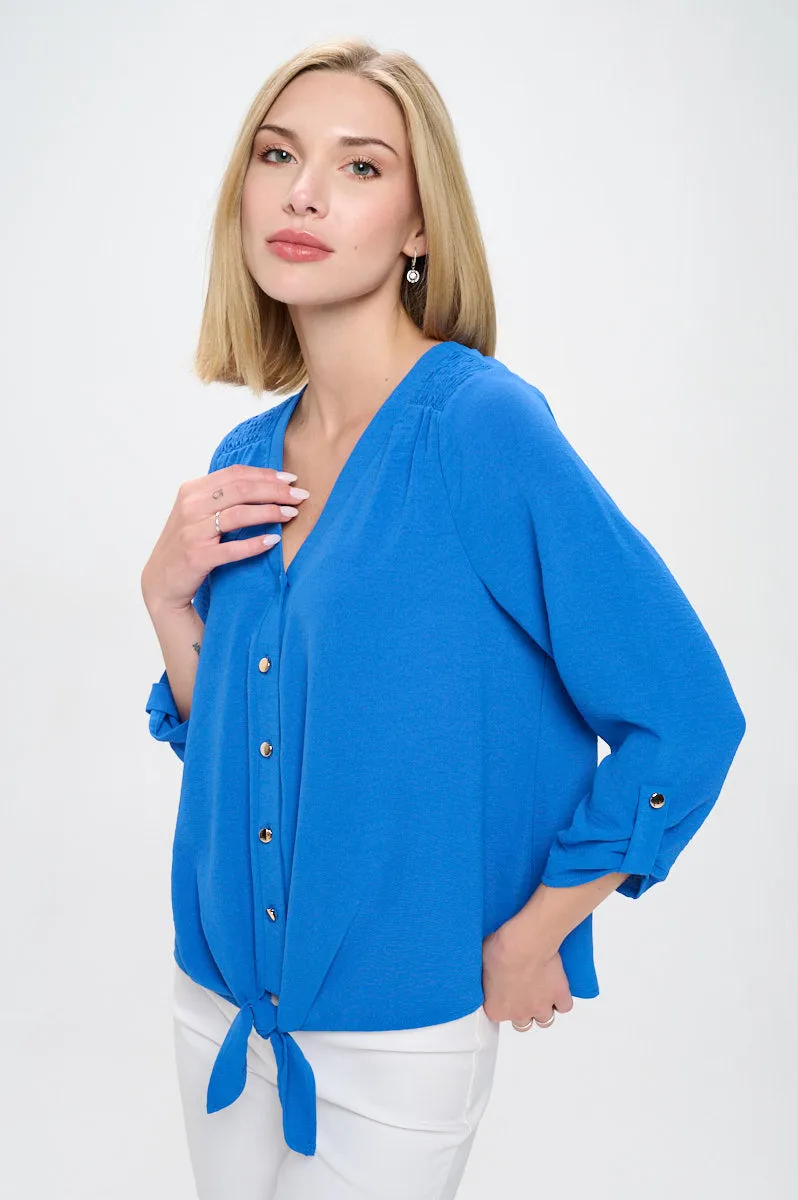VNECK AIR FLOW SMOCKING SHOULDER TIE FRONT SHIRT