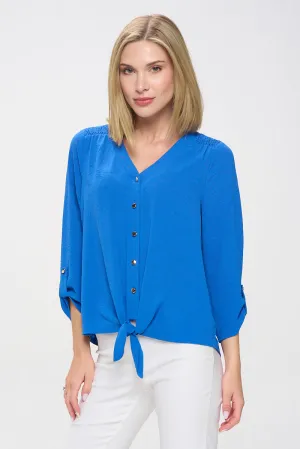 VNECK AIR FLOW SMOCKING SHOULDER TIE FRONT SHIRT