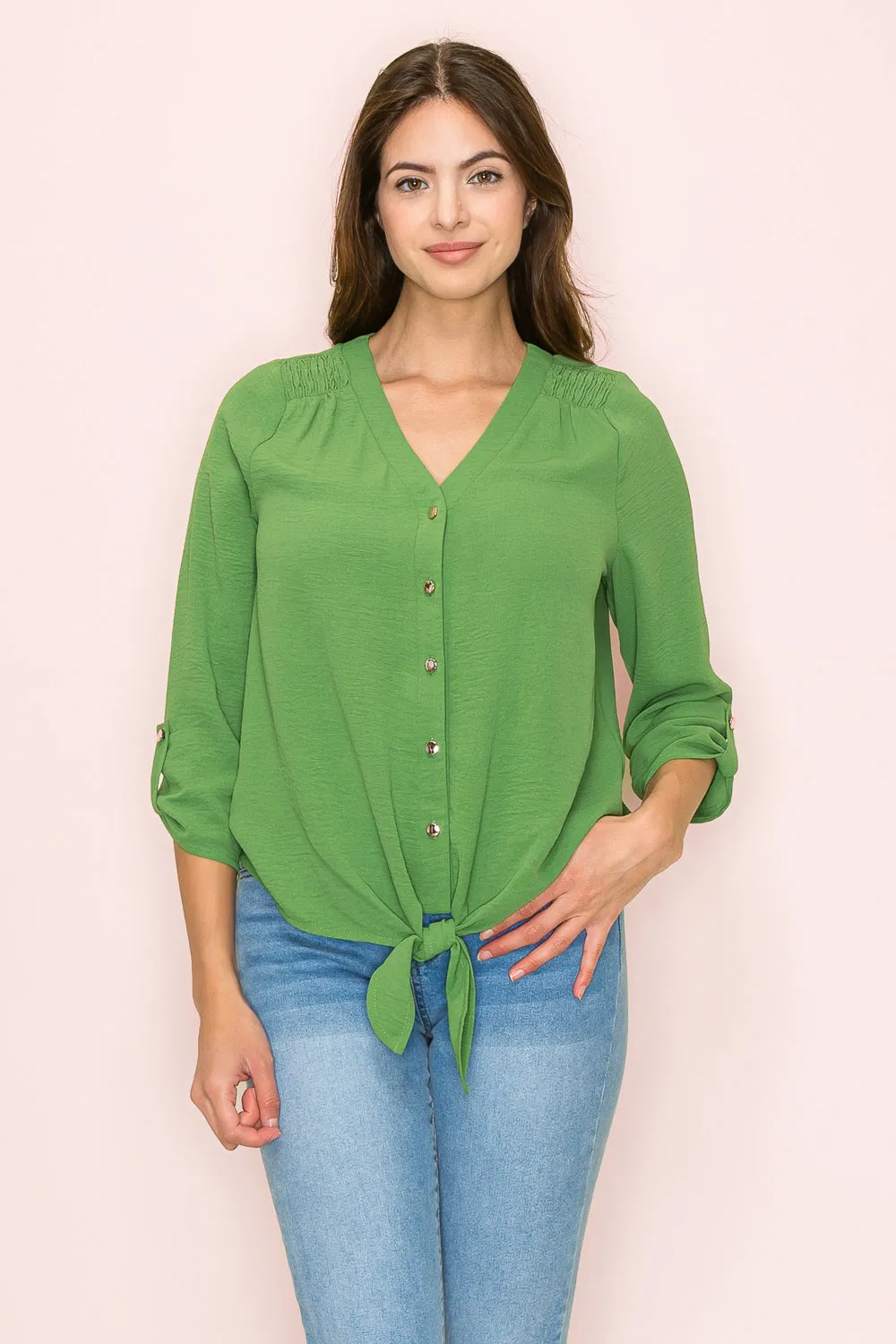 VNECK AIR FLOW SMOCKING SHOULDER TIE FRONT SHIRT